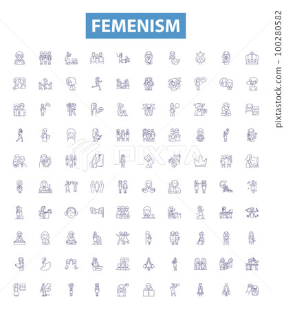 Femenism line icons, signs set. Feminism, Womanism, Equality, Liberation, Rights, Womxn, Empowerment, Autonomy, Vive outline vector illustrations. 100280582