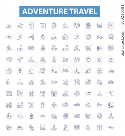 Adventure travel line icons, signs set. Hiking, Trekking, Canoeing, Camping, Skiing, Kayaking, Rafting, Climbing, Sailing outline vector illustrations. Adventure travel line icons, signs set. Hiking, Trekking, Canoeing, Camping, Skiing, Kayaking, Rafting, Climbing, Sailing outline vector illustrations. 100280591
