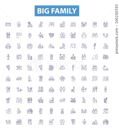 Big family line icons, signs set. Large, Clan, Extended, Kin, Household, Clan, Brood, Tribe, Abundant outline vector illustrations. Big family line icons, signs set. Large, Clan, Extended, Kin, Household, Clan, Brood, Tribe, Abundant outline vector illustrations. 100280593