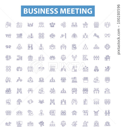 Business meeting line icons, signs set. Huddle, Negotiation, Conference, Agenda, Strategy, Networking, Dialogue, Gathering, Collaboration outline vector illustrations. 100280596