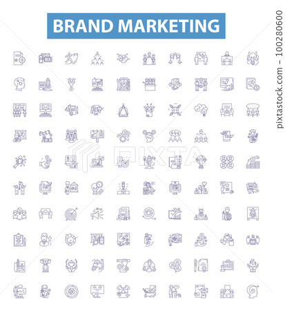 Brand marketing line icons, signs set. Branding, Advertising, Promotion, Targeting, Positioning, Reach, Positioning, Visibility, Social outline vector illustrations. Brand marketing line icons, signs set. Branding, Advertising, Promotion, Targeting, Positioning, Reach, Positioning, Visibility, Social outline vector illustrations. 100280600