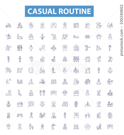 Casual routine line icons, signs set. Lax, Habitual, Ordinary, Usual, Nonchalant, Everyday, Familiar, Freestyle, Natural outline vector illustrations. Casual routine line icons, signs set. Lax, Habitual, Ordinary, Usual, Nonchalant, Everyday, Familiar, Freestyle, Natural outline vector illustrations. 100280602