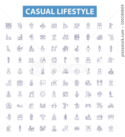 Casual lifestyle line icons, signs set. Casual, Lifestyle, Relaxed, Unstructured, Comfortable, Breezy, Uncomplicated, Carefree, Easygoing outline vector illustrations. 100280604