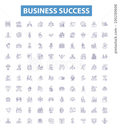 Business success line icons, signs set. Profitability, Productivity, Expansion, Innovation, Proficiency, Growth, Networking, Strategic, Maximization outline vector illustrations. 100280606