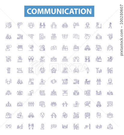 Communication line icons, signs set. Speech, Writing, Listening, Signals, Conversation, Networking, Conversation, Expression, Exchange outline vector illustrations. Communication line icons, signs set. Speech, Writing, Listening, Signals, Conversation, Networking, Conversation, Expression, Exchange outline vector illustrations. 100280607