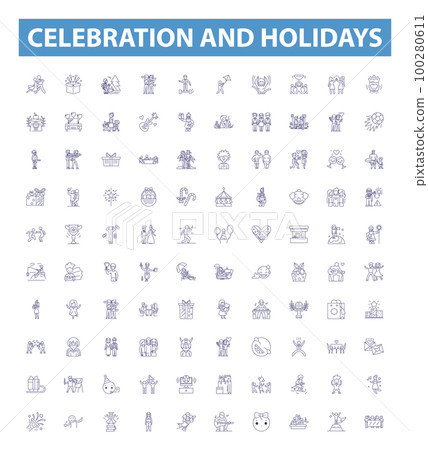 Celebration and holidays line icons, signs set. Festivals, Celebrations, Holidays, Party, Merriment, Joy, Happiness, Gatherings, Memory outline vector illustrations. Celebration and holidays line icons, signs set. Festivals, Celebrations, Holidays, Party, Merriment, Joy, Happiness, Gatherings, Memory outline vector illustrations. 100280611