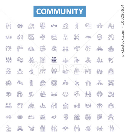 Community line icons, signs set. Society, Fellowship, Network, Clan, Congregation, Group, Alliance, Tribe, Organization outline vector illustrations. 100280614