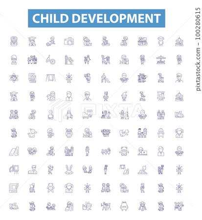 Child development line icons, signs set. Infant, Toddler, Cognitive, Social, Emotional, Language, Motor, Behavior, Puberty outline vector illustrations. 100280615