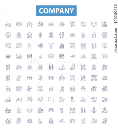 Company line icons, signs set. Business, Firm, Corporation, Venture, Conglomerate, Company, Establishment, Organization, Institution outline vector illustrations. 100280616