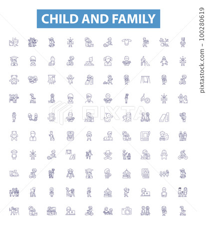 Child and family line icons, signs set. Child, Family, childhood, parenting, upbringing, nurture, young, parenting skills, bonding outline vector illustrations. 100280619