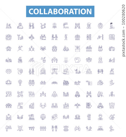Collaboration line icons, signs set. Cooperation, Partnership, Teamwork, Alliance, Synchronization, Coordination, Joint effort, Synergy, Engagement outline vector illustrations. 100280620