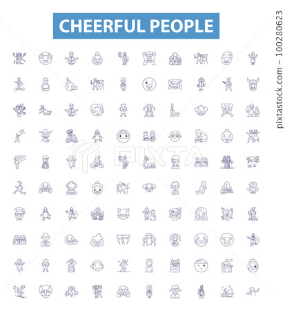 Cheerful people line icons, signs set. Cheerful, Joyous, Glad, Lighthearted, Exuberant, Delighted, Mirthful, Jubilant, Contented outline vector illustrations. Cheerful people line icons, signs set. Cheerful, Joyous, Glad, Lighthearted, Exuberant, Delighted, Mirthful, Jubilant, Contented outline vector illustrations. 100280623