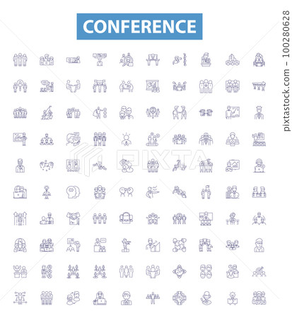 Conference line icons, signs set. Conclave, Forum, Summit, Dialogue, Symposium, Assembly, Rally, Caucus, Gavel outline vector illustrations. 100280628