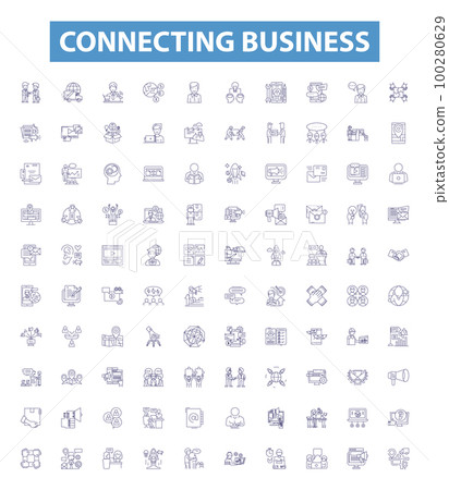 Connecting business line icons, signs set. Networking, Linking, Joining, Relating, Interfacing, Bridging, Unifying, Uniting, Integrating outline vector illustrations. Connecting business line icons, signs set. Networking, Linking, Joining, Relating, Interfacing, Bridging, Unifying, Uniting, Integrating outline vector illustrations. 100280629