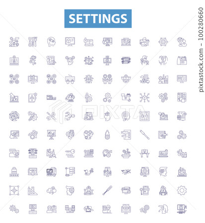 Settings line icons, signs set. Configure, Parameter, Adjustment, Option, Preference, Regulation, Customize, Alteration, Modify outline vector illustrations. 100280660