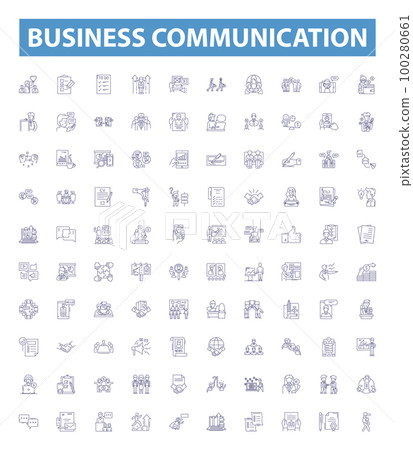 Business communication line icons, signs set. Networking, Strategies, Negotiation, Reports, Presentations, Courses, Quality, Policies, Feedback outline vector illustrations. 100280661
