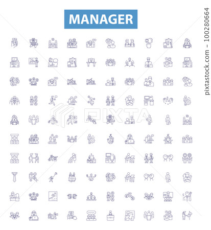 Manager line icons, signs set. Manager, Supervisor, Director, Coordinator, Leader, Administrator, Overseer, Foreman, Chief outline vector illustrations. 100280664