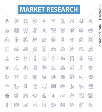 Market research line icons, signs set. Market, Research, Analysis, Surveys, Consumers, Brands, Products, Trends, Insight outline vector illustrations. Market research line icons, signs set. Market, Research, Analysis, Surveys, Consumers, Brands, Products, Trends, Insight outline vector illustrations. 100280665