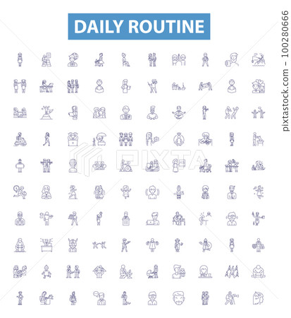 Daily routine line icons, signs set. Wake, Eat, Work, Study, Exercise, Play, Socialize, Sleep, Commute outline vector illustrations. Daily routine line icons, signs set. Wake, Eat, Work, Study, Exercise, Play, Socialize, Sleep, Commute outline vector illustrations. 100280666