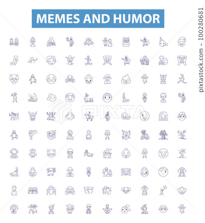 Memes and humor line icons, signs set. Memes, Humor, Comedy, Laughs, Jokes, Pranks, Quips, Comedy, Wink outline vector illustrations. 100280681