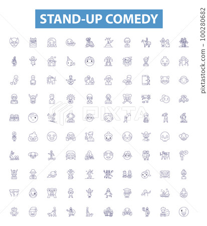 Stand-up comedy line icons, signs set. Humor, Jokes, Comedians, Spoofs, Punchlines, Laughing, Monologue, Wits, Ridicule outline vector illustrations. 100280682