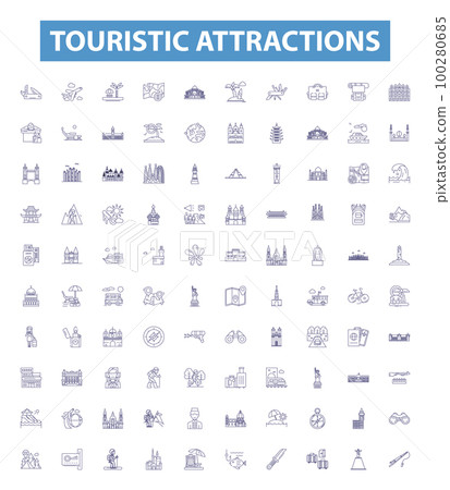 Touristic attractions line icons, signs set. Attractions, Tourism, Sites, Sightseeing, Vacations, Places, Views, Excursions, Monuments outline vector illustrations. 100280685