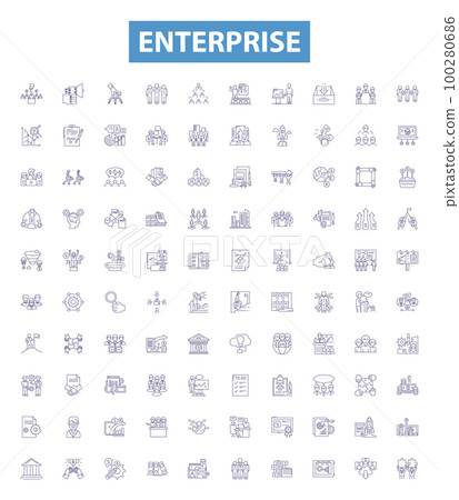 Enterprise line icons, signs set. Enterprise, business, company, organization, industry, venture, firm, corporate, consortium outline vector illustrations. Enterprise line icons, signs set. Enterprise, business, company, organization, industry, venture, firm, corporate, consortium outline vector illustrations. 100280686