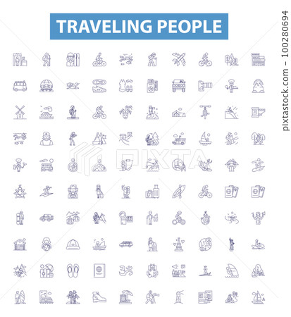 Traveling people outline icons collection. Travellers, Voyagers, Roamers, Explorers, Adventurers, Wanderers, Journeyers vector illustration set. Globetrotters,Vagabonds,Backpackers line signs 100280694