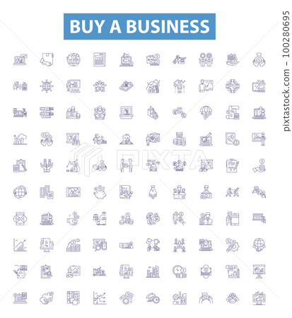 Buy a business line icons, signs set. Acquire, Purchase, Entrepreneur, Business, Invest, Merger, Assets, Ownership, Stock outline vector illustrations. 100280695