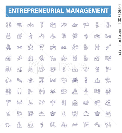Entrepreneurial management line icons, signs set. Entrepreneurial, Management, Start up, Business, Strategy, Networking, Risk taking, Planning, Growth outline vector illustrations. 100280696