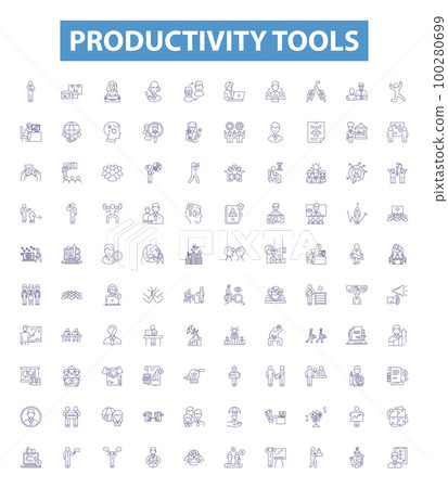 Productivity tools line icons, signs set. Organizer, Planner, Timer, Automation, Collaboration, Spreadsheet, Analytics, Note taking, Scheduling outline vector illustrations. 100280699