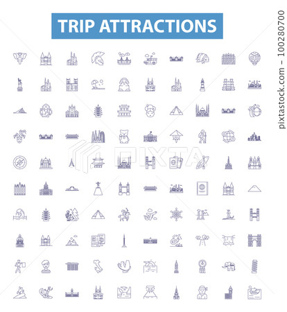 Trip attractions line icons, signs set. Tourist, Sightseeing, Local, Adventure, Beaches, Culture, Monuments, Cathedrals, Temples outline vector illustrations. 100280700