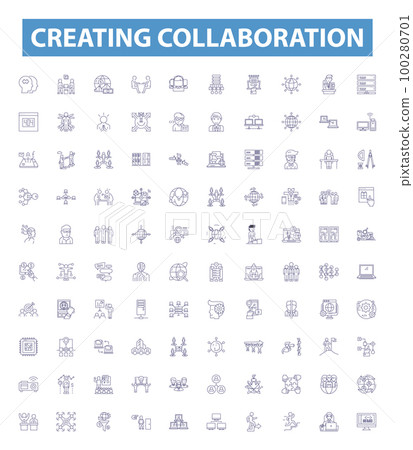 Creating collaboration line icons, signs set. Cooperating, Uniting, Pooling, Teaming, Synchronizing, Syncing, Bonding, Joining, Unifying outline vector illustrations. 100280701