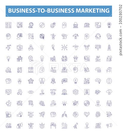 Business-to-business marketing line icons, signs set. BB, Marketing, Selling, Networking, Lead Generation, eCommerce, Content Marketing, Promotion, Customer Engagement outline vector illustrations. 100280702