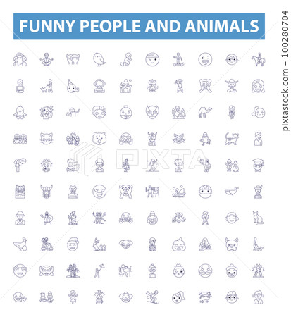 Funny people and animals line icons, signs set. Humorous, Comical, Amusing, Clowning, Witty, Waggish, sportive, Farce, Eccentric outline vector illustrations. Funny people and animals line icons, signs set. Humorous, Comical, Amusing, Clowning, Witty, Waggish, sportive, Farce, Eccentric outline vector illustrations. 100280704