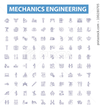 Mechanics engineering line icons, signs set. Mechanics, Engineering, Kinematics, Dynamics, Vibrations, Force, Torque, Machines, Automation outline vector illustrations. 100280705