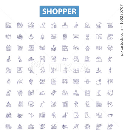 Shopper line icons, signs set. Shopper, Buyer, Consumer, Shopper lifter, Retailer, Spender, Client, Patron, Bargainer outline vector illustrations. 100280707