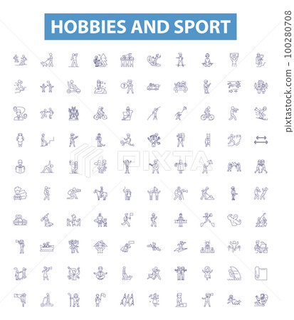 Hobbies and sport line icons, signs set. sport, hobbies, hiking, running, yoga, swimming, cycling, fishing, dancing outline vector illustrations. 100280708