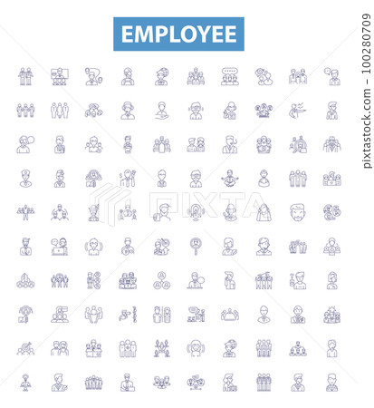 Employee line icons, signs set. Worker, Staff, Person, Personnel, Associate, Hire, Employee, Colleague, Wage outline vector illustrations. 100280709