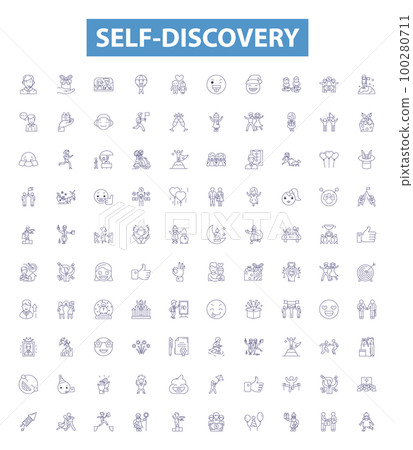 Self-discovery line icons, signs set. Exploration, Introspection, Growth, Perception, Understanding, Awareness, Identification, Self Reflection, Clarity outline vector illustrations. 100280711