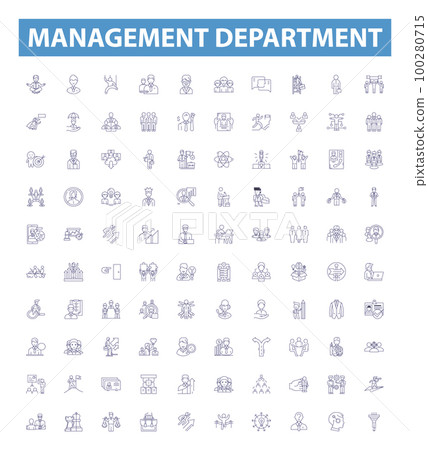 Management department line icons, signs set. , Manage, Department, Staff, Team, Lead, Execute, Negotiate, Plan outline vector illustrations. Management department line icons, signs set. , Manage, Department, Staff, Team, Lead, Execute, Negotiate, Plan outline vector illustrations. 100280715