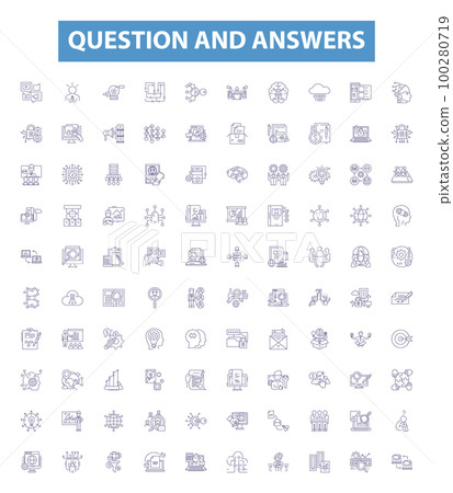 Question and answers line icons, signs set. Questions, Answers, Quiz, Inquiry, Reply, Answerable, Answering, Query, Solution outline vector illustrations. 100280719