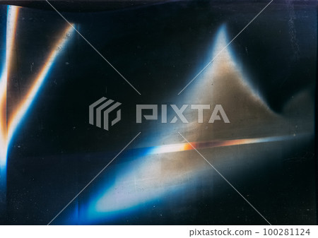 Distressed glass. Dust scratches. Old film overlay. Blue orange flare dirt rust stains noise on dark black weathered texture abstract illustration background. Distressed glass. Dust scratches. Old film overlay. Blue orange flare dirt rust stains noise on dark black weathered texture abstract illustration background. 100281124