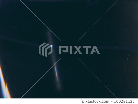 Worn texture. Dust scratches. Old film overlay. Blue orange flare dirt rust stains noise on dark weathered abstract illustration grunge background. 100281125