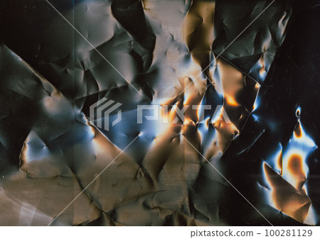 Crinkled texture. Aged film overlay. Distressed foil. Blue orange color flare dust scratches noise on dark wrinkled weathered abstract illustration background. 100281129