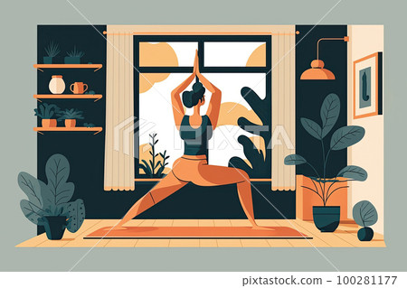 Wellness at home. Woman in yoga pose meditating in living room interior. Created with Generative AI 100281177