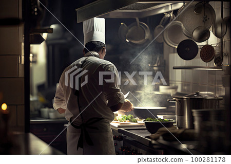 Chef cooking in restaurant kitchen interior. Back view of man in chef robe and hat cooks food on stove, an open flame in frying pan. Created with Generative AI 100281178