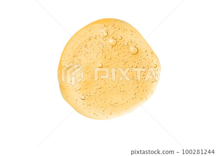 Face serum drop isolated on white background. Face oil, liquid gel swatch texture. Vitamin C serum texture. Face serum drop isolated on white background. Face oil, liquid gel swatch texture. Vitamin C serum texture. 100281244