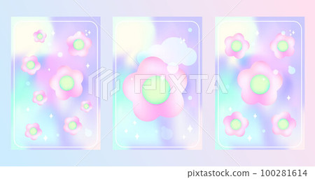 Y2k flower blurred gragient cards. Holographic vector posters background with cloud and flowers geometric shape in trendy 90s, 00s psychedelic style. Rainbow holo and pink colors. EPS Y2k flower blurred gragient cards. Holographic vector posters background with cloud and flowers geometric shape in trendy 90s, 00s psychedelic style. Rainbow holo and pink colors. EPS 100281614