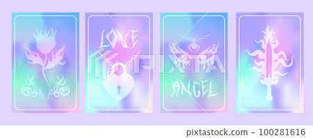 Y2k set of posters blurred gragient on the theme of the 00s. Flame, sword, cards, eyes, fire, flower, heart holographic background and stylish print with text angel, love. Glamorous holo vibrant Y2k set of posters blurred gragient on the theme of the 00s. Flame, sword, cards, eyes, fire, flower, heart holographic background and stylish print with text angel, love. Glamorous holo vibrant 100281616